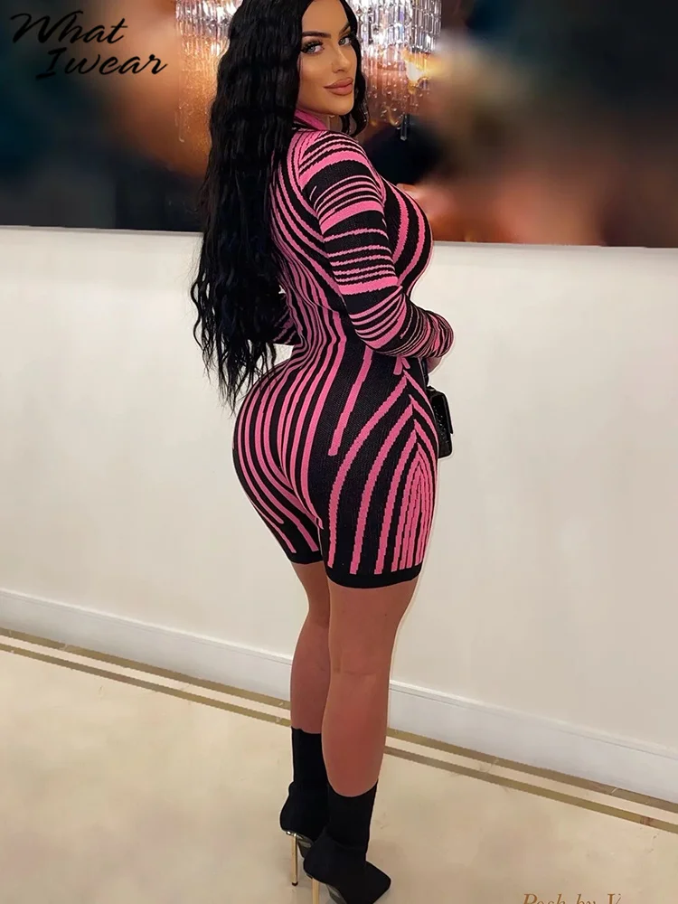 

Whatiwear Women's One Piece Playsuit Long Sleeve Striped Print Exaggerated Personalized Fashion Unique Style Runway Fashion Week