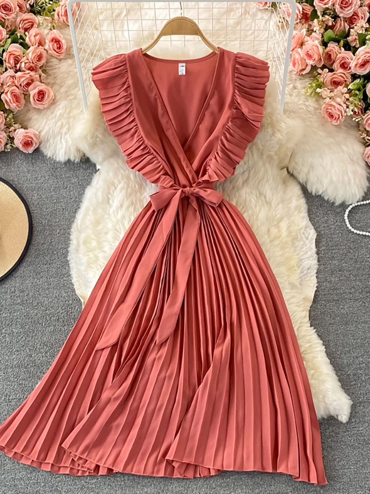 

Summer Women Green/Red/Beige Pleated Midi Dress Vintage V-Neck Draped Party Robe Female Elegant Casual Vestidos New Fashion C108