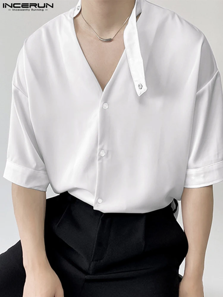 

INCERUN 2022 Men Casual Shirt Solid Color Stand Collar Short Sleeve Hollow Out Button Men Clothing Streetwear Korean Shirts