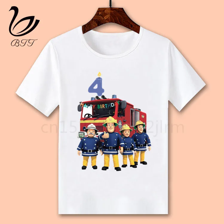 Cartoon Fireman Sam Kids Tshirt Boys And Girls Clothes T-shirt Happy Birthday Present Children Clothing Tshirts Baby Tees