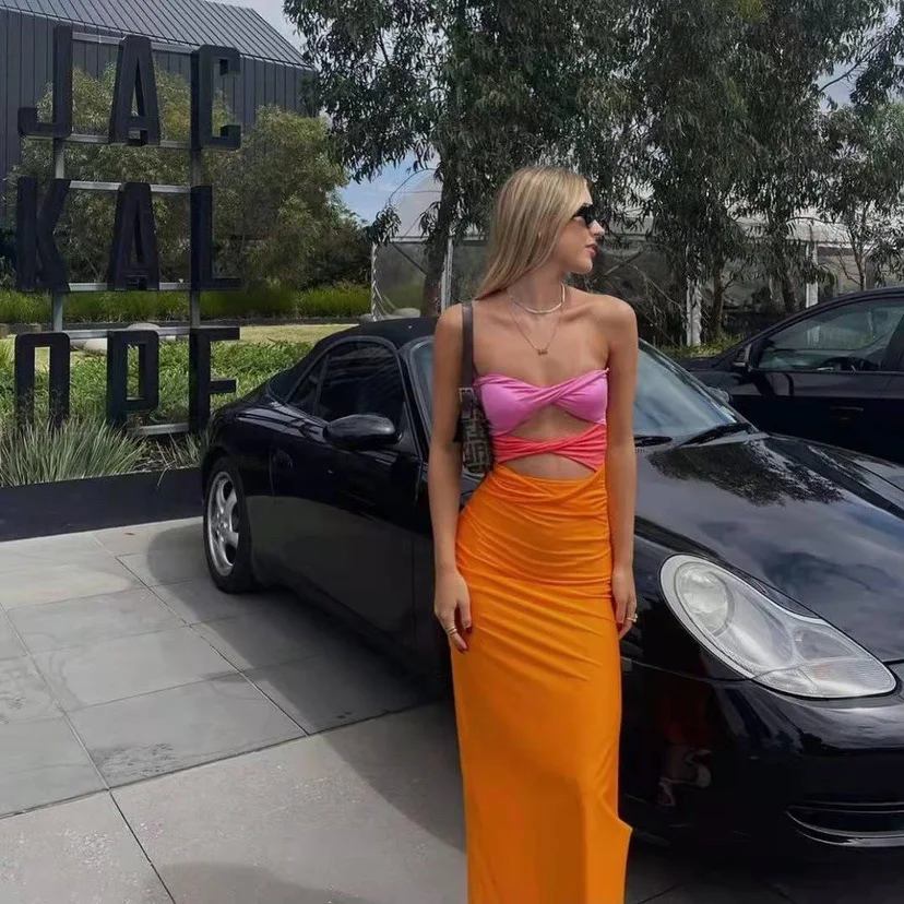 

Fashion classic women's clothing summer new product bra contrast color elastic slit party dress knee length skirt net red skirt