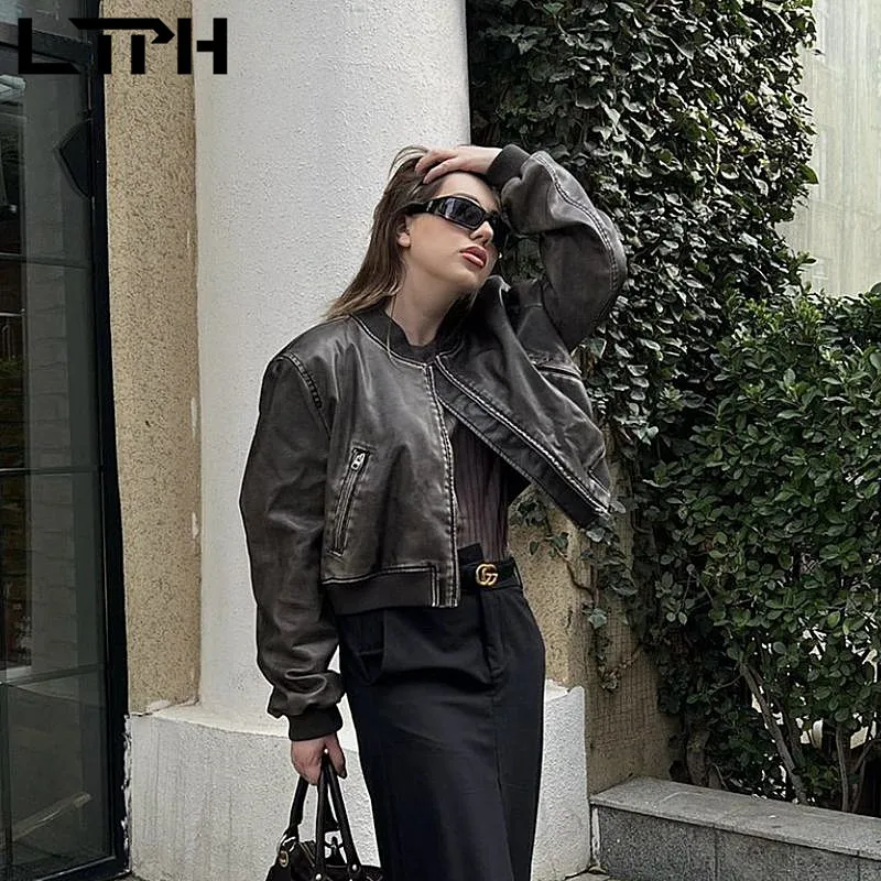 LTPH faux leather jacket women vintage zipper stand-up collar long sleeve coats streetwear casual jackets 2023 summer new