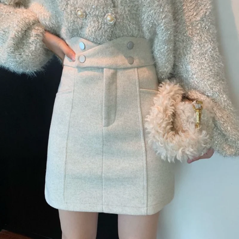 

2022 Autumn Winter New Women High Waist Skirt Fashion Design Thick Woolen Sexy Bag Hip Skirt Slim Straight Solid Color Miniskirt