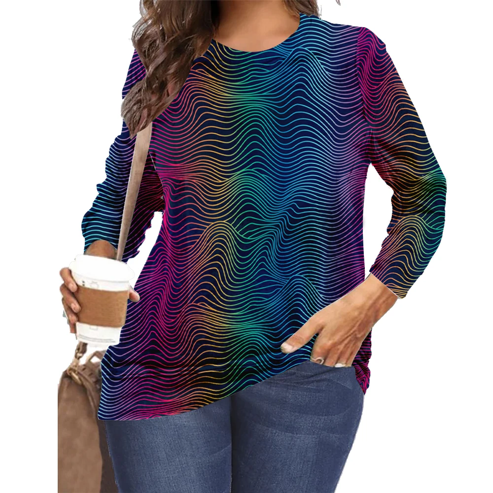 

Женская Повседневная Блузка с круглым вырезом, длинным рукавом и флуоресцентным принтом