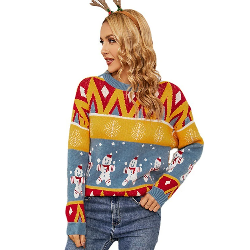 

Fall Winter 2022 Women's Christmas Sweater Snowman Snowflake Color Block O-Neck Long Sleeve Tops Pullover Knitwear Jumper 37