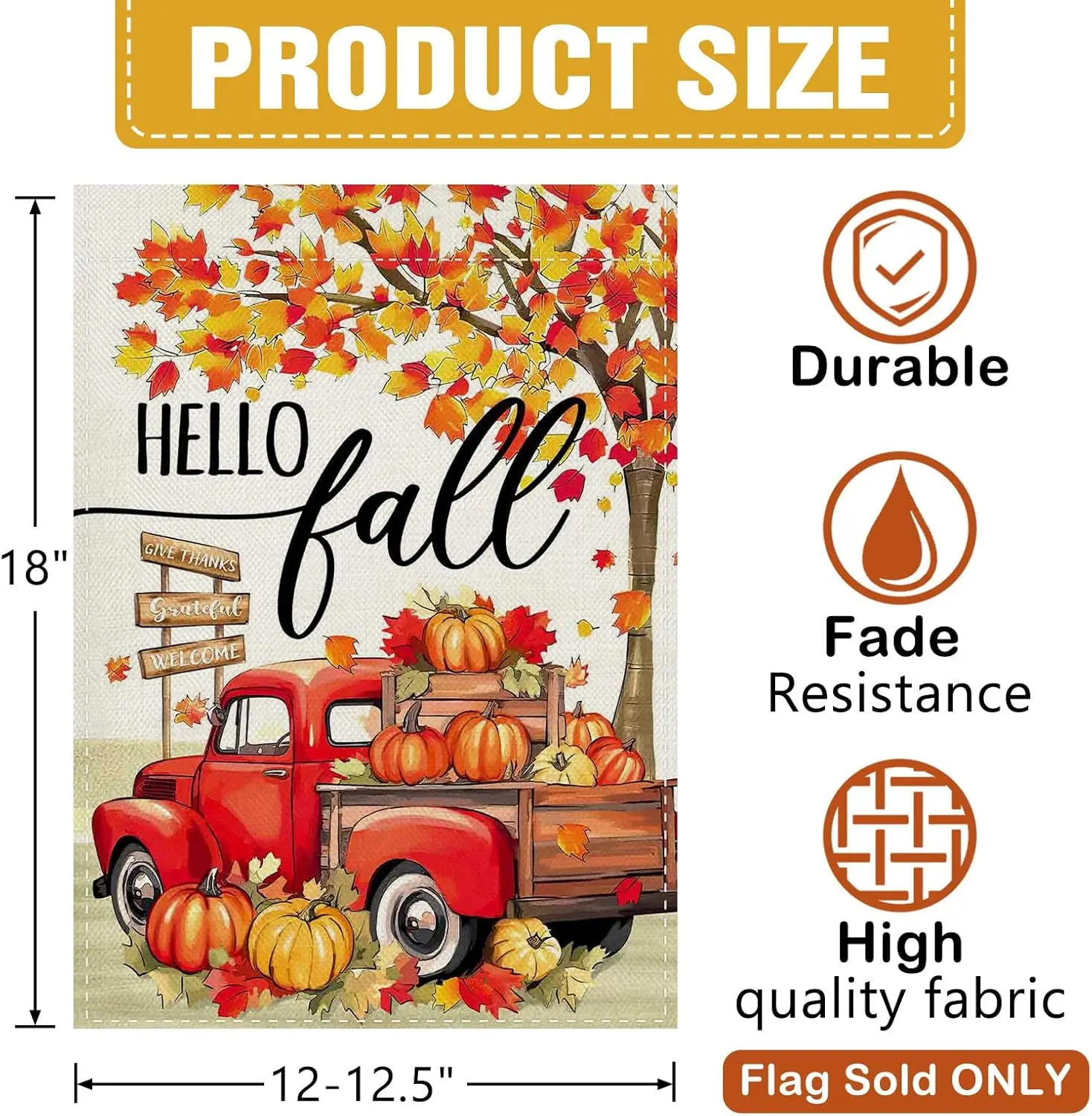 Фото Декоративный садовый флаг Dyrenson Hello Fall с красным грузовиком, осенний, к Дню благодарения, для сезона урожая, с тыквой и кленовым деревом, для двора и улицы №3