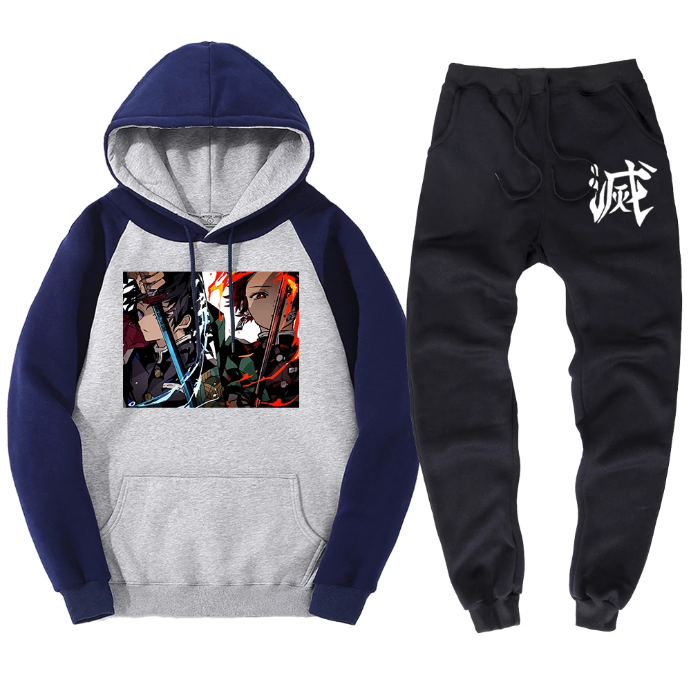 

Japan Anime Demon Slayer Anime Printed Hoodies Set Men Casual Warm Hoody Harajuku Sweatshirt Fashion Fur-Liner Men Clothing Suit