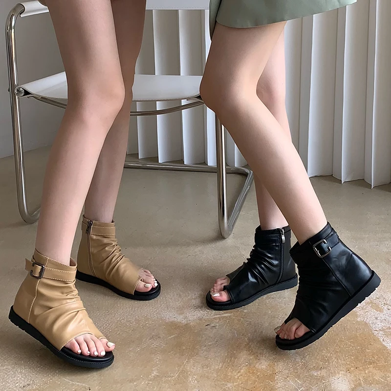 

New Shoes 2022 Ladies Ankle Boots Sandals Peep Toe Elegant Female Casual Outdoor Zippers Fashion Women Flats With Shoes