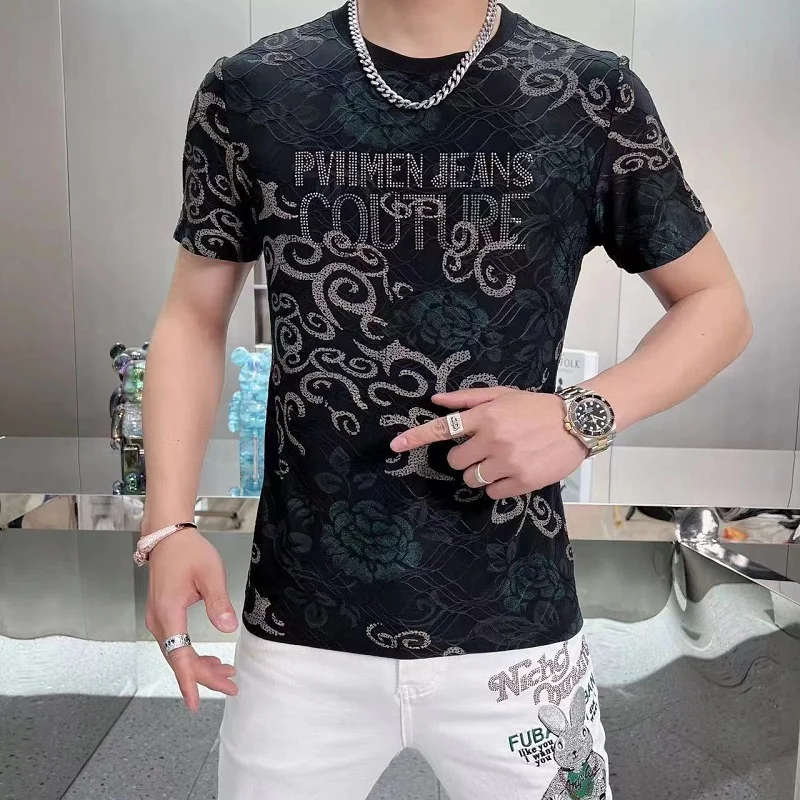 

Luxury Laser Jacquard T-shirt for Men Short Sleeve Slim Fit Casual Tshirts Round Neck Breathable Business Social Tee Streetwear