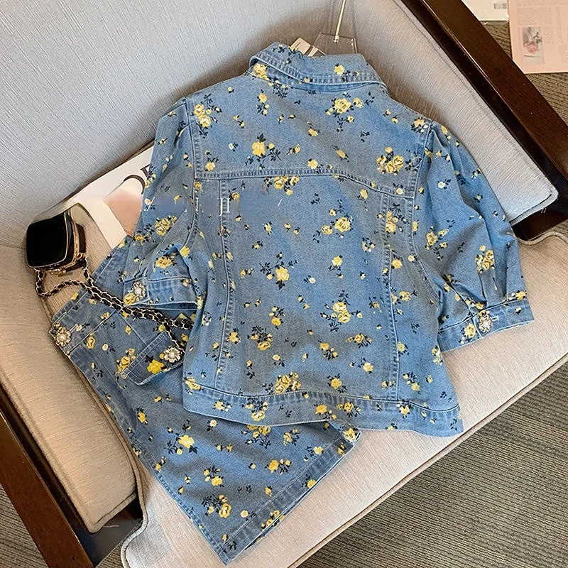 Nomikuma Цветочные джинсовые женские комплекты из двух частей шикарные Короткие