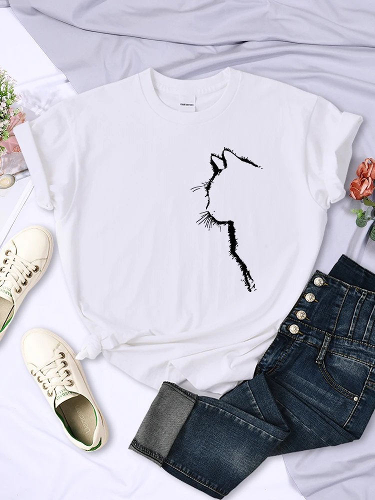 

Simple Strokes Of Cat Pet Print Tshirt For Women Cute Top Animal Cartoons Women's half sleeve kawaii Tee Tshirts High Quality