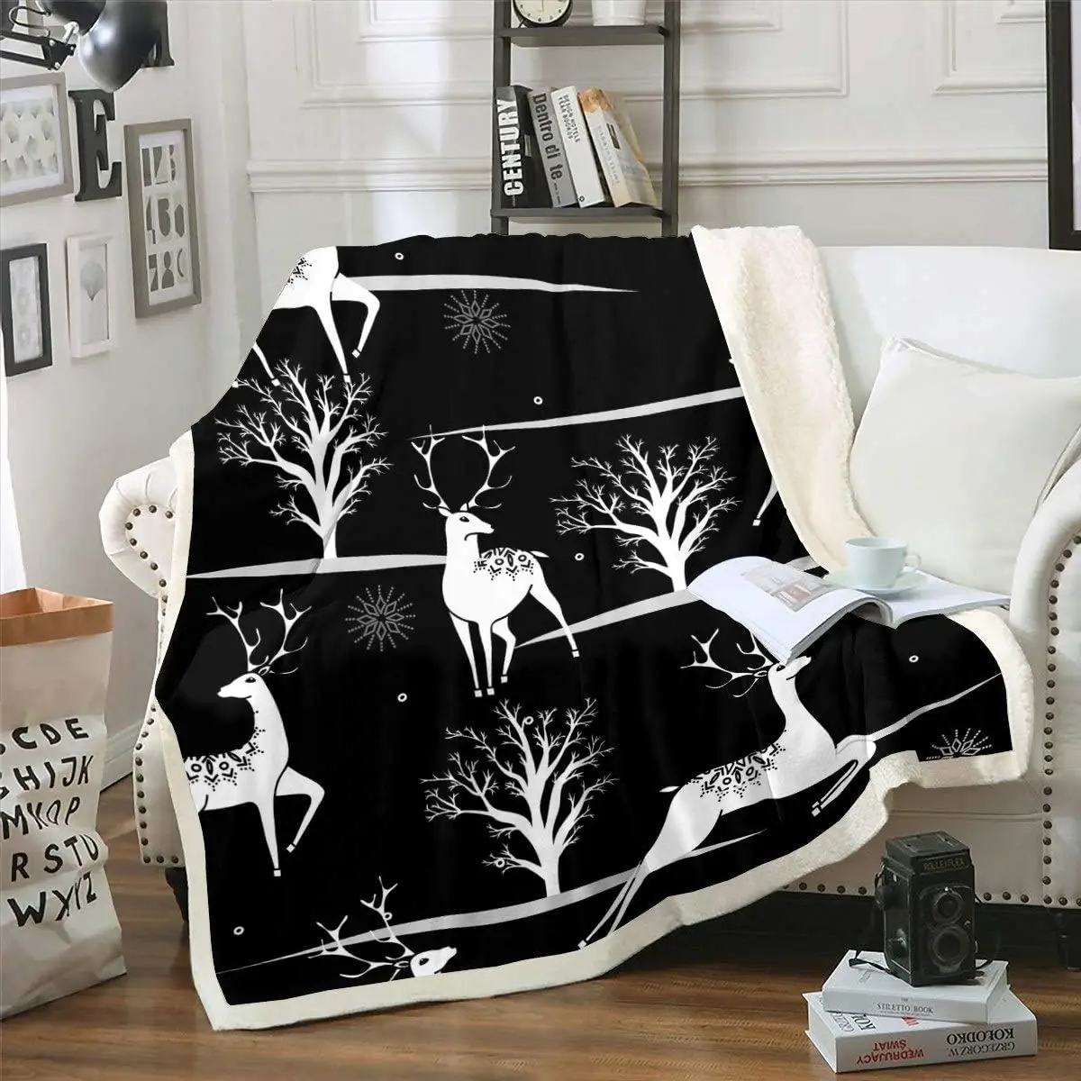 

Deer Printed Plush Blanket Elk Antler Fleece Throw Blanket Winter Snowflake Sherpa Blanket for Sofa Couch Bedroom Decor
