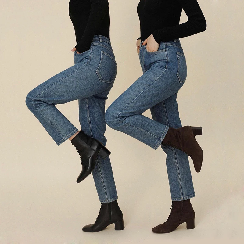 

Niche French Retro Leather Fashion Short Boots Women's Square Toe Thick Mid-heel Thin Boots Side Zipper Boots