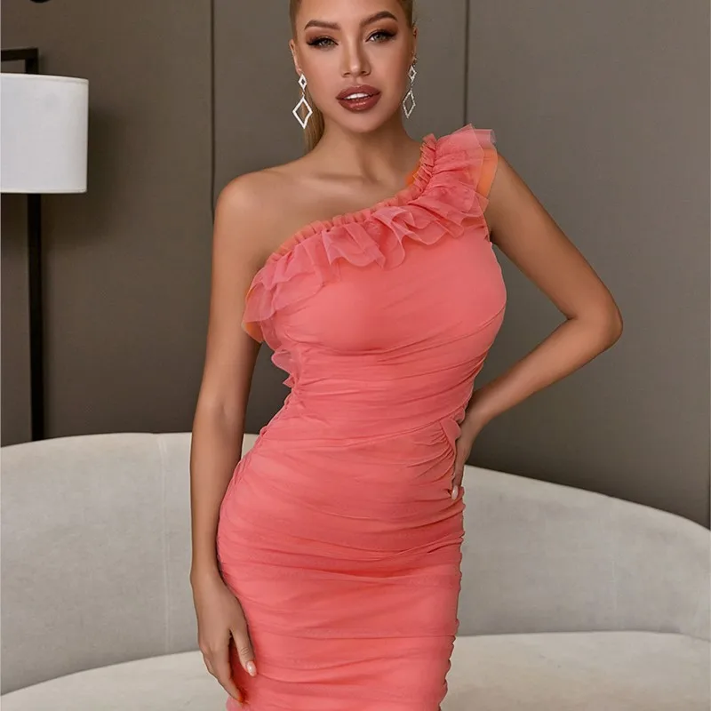 

Новинка 2022, Осеннее элегантное женское Сетчатое Бандажное мини-платье на одно плечо с оборками, вечерние ное вечернее платье для ночного клуба, платья