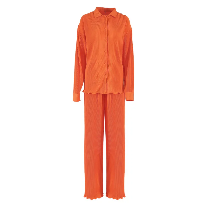 Designer's Pajamas Ruffle 2 Pieces Pyjamas Set Female Orange Color Fashion Home Wear Loungewear Long Sleepwear Women Outfits