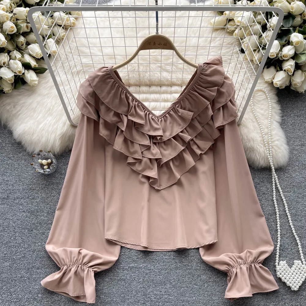 

Autumn Chiffon Cascading Ruffled Puff Sleeve Blouse for Women Khaki/White/Black Elegant V-neck Short Tops Female Vintage Shirt