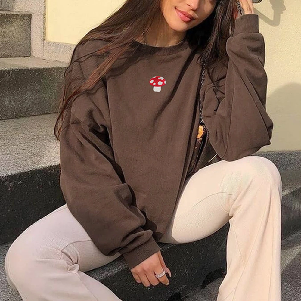 

Women Mushroom Embroidery Hoodies Brown Sweatshirt Female Fashion 2021 Sweatshirt Cute Long Sleeve O-Neck Streetwear Pullover