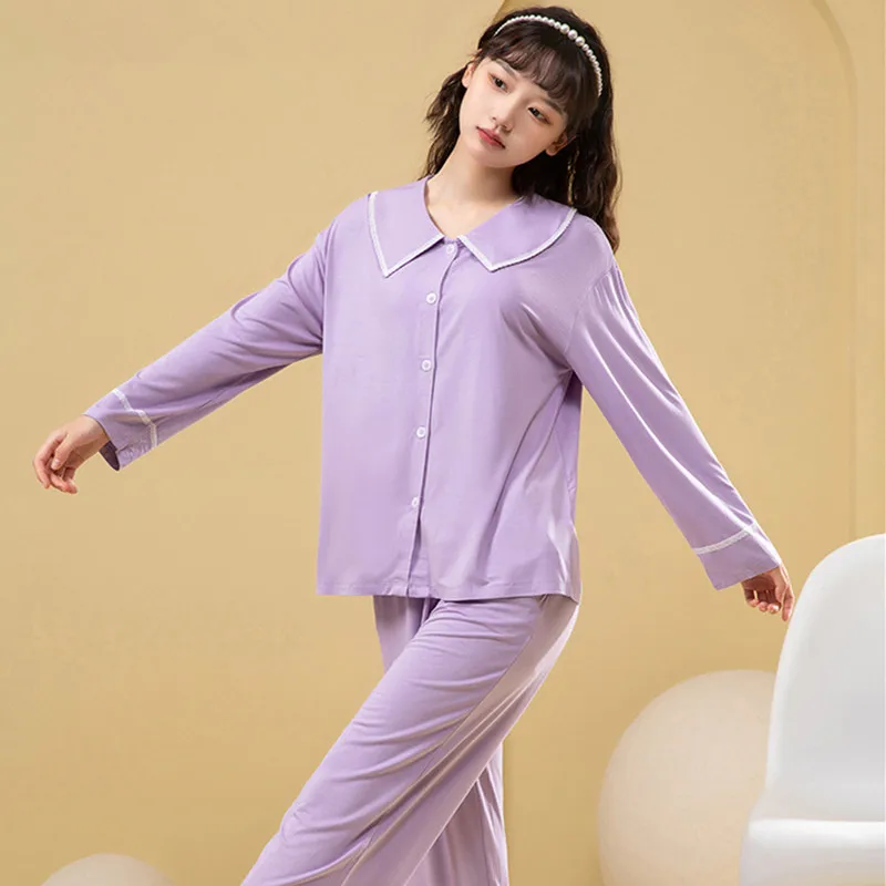 

High Quality New Modal Pajamas For Women Lapel Cardigan Shirt Long Pant Set Comfortable Home Clothes Korean Sleepwear Pijamas