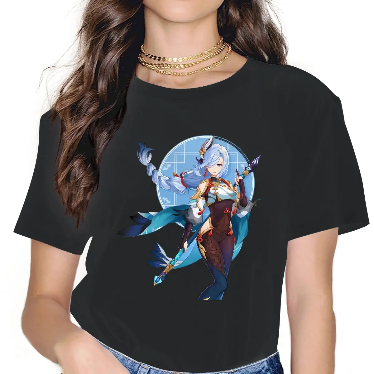 

Shenhe Blue Hair Feminine Clothes Genshin Impact Game Oversized T-shirt Goth Vintage Female Top