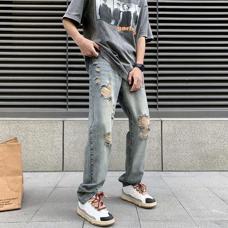 Summer Blue Ripped Baggy Jeans Men Fashion Casual Retro Straight Jeans Mens Streetwear Loose Hip Hop Hole Denim Pants Men S-2XL