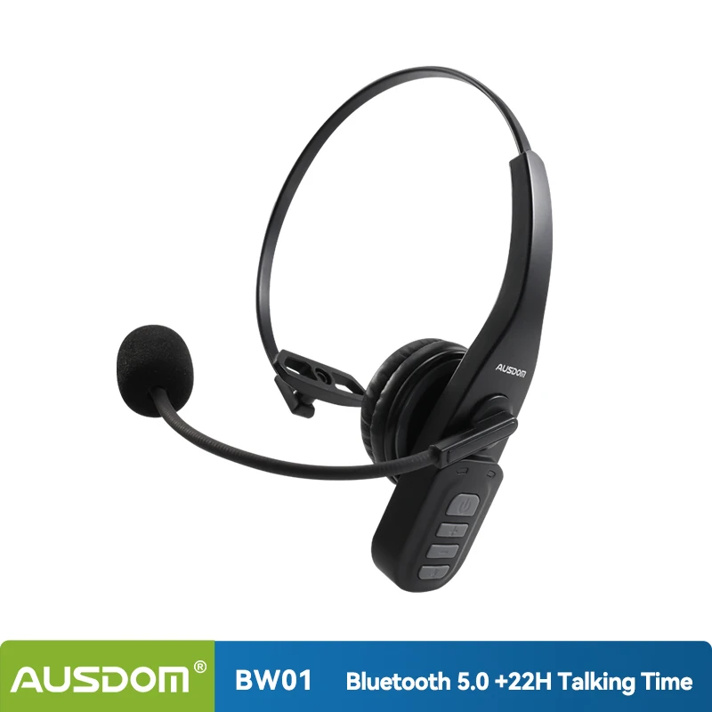 AUSDOM BW01 Wireless Bluetooth 5.0 Telephone Headset With Noise Cancelling Mic 22H Playtime Mute Button For Trucker Call Center