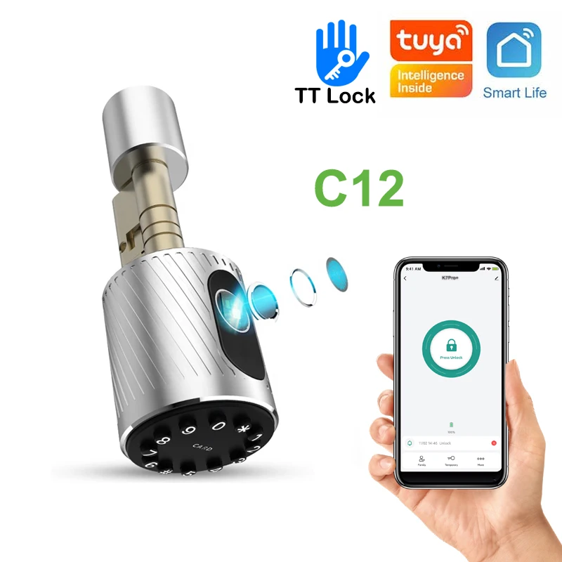 

C12 Fingerprint Smart Cylinder door Lock Tuya APP Remote Unlock Digital Biometric Keypad Lock with IC Card Mechanical Key