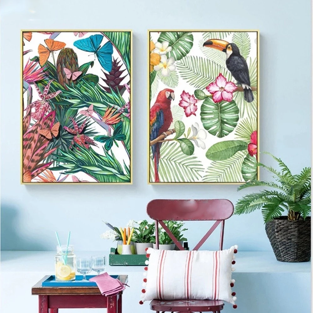 

Tropical Rain Canvas Painting Forest Small Fresh Tiger Parrot Flamingo Animal Print Posters Family Home Wall Decoration Pictures