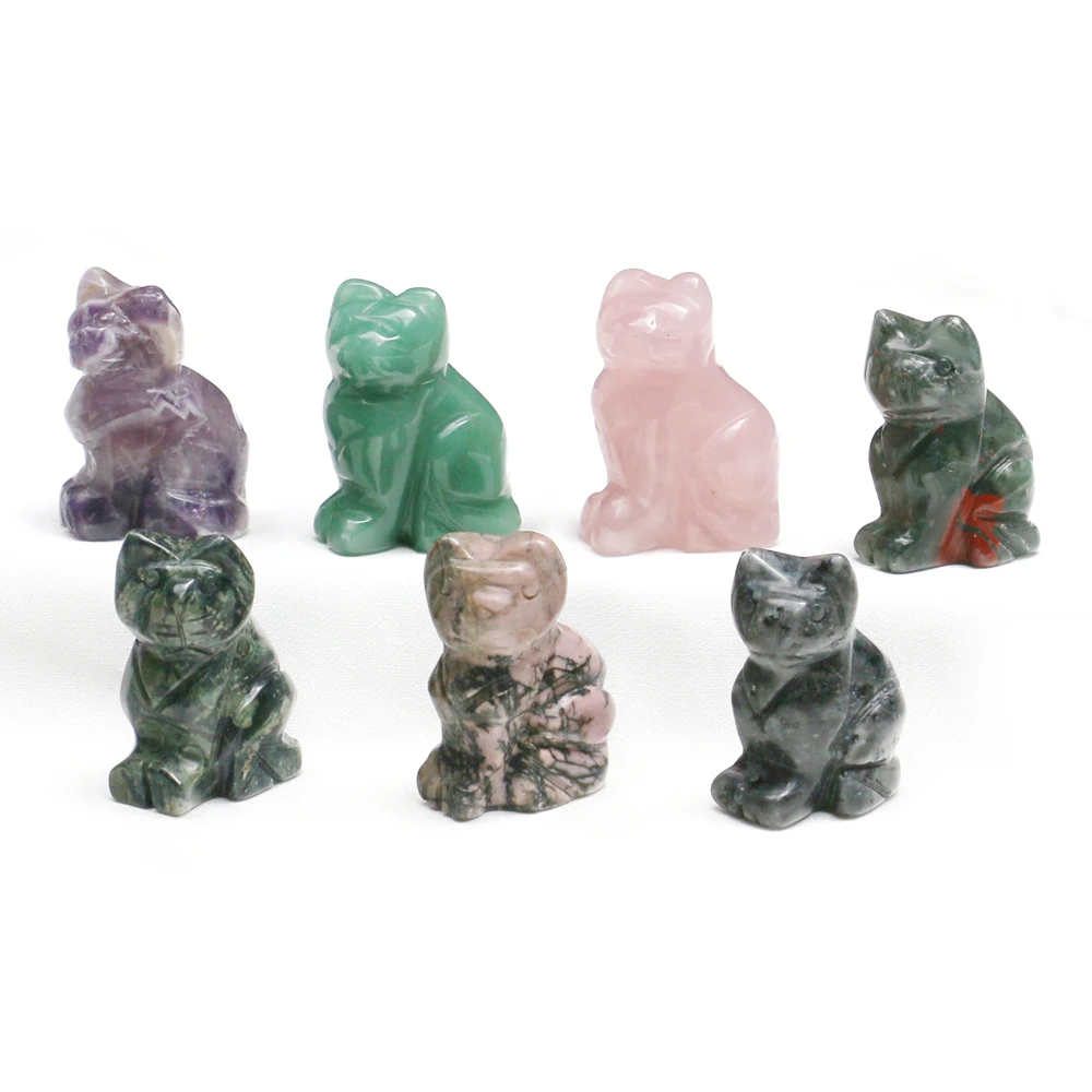 

Mineraali 1.5inch Lucky Cute Cat Natural Amethyst Aventurine Rose Quartzs Stones Figurines Mini Animals Balance Gemstones Carved