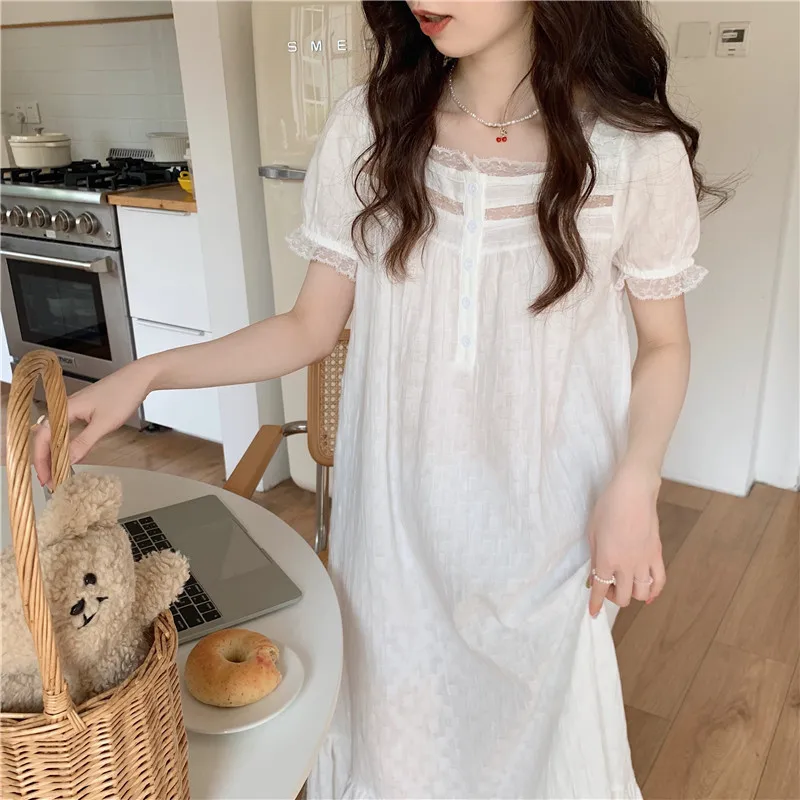 2022 Summer Pajamas for Women Cotton Night Gown Korean Style Loungewear Maxi Dresses Vintage Nightgowns Woman Sleep Dress Female