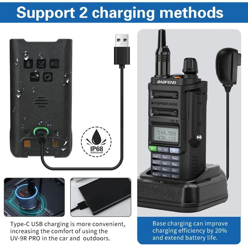 Фото Рация Baofeng UV-9R Pro V2 – 10 Вт, три режима мощности, водонепроницаемость IP68, зарядка Type-C, двухдиапазонная VHF/UHF, большая дальность действия, для любительской связи. №3