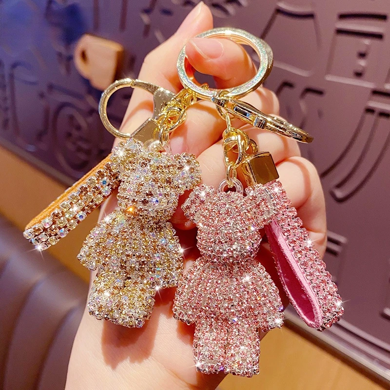 

Bling Cool Cartoon Diamond Gloomy Bear Doll Keychain Rhinestones Crystal Key Chain Ring Keyring Keyfob Car Accessories Women