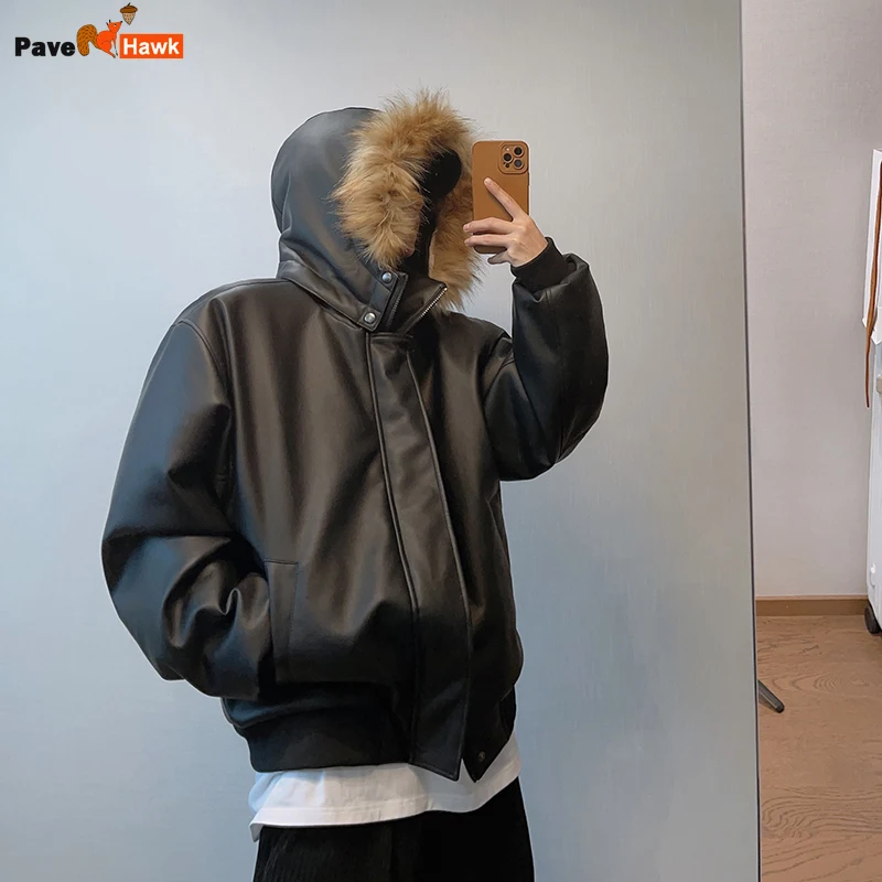 Утепленная хлопковая куртка из искусственной кожи мужская со съемным меховым