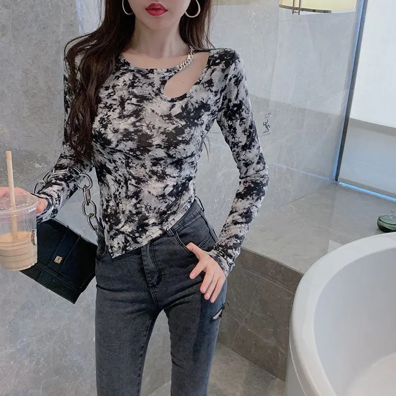 

Women Long Sleeve T-shirts Sexy Mesh Print Sheer High Street Crop Tops Girls Summer Thin Vintage Slim Basic Streetwear E945
