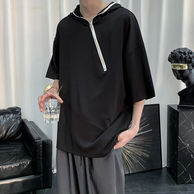 

Black Fashion Zipper Hooded Short Sleeve Men T Shirt 2022 Trend Summer Teenager Oversized Punk Japanese Streetwear Harajuku Tops