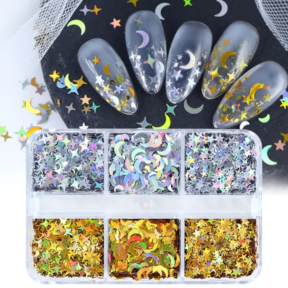 

6 Grids Laser Moon Star Nail Sequins Nail Decorations False Eyelash Decor Accesory Mixed Glitter Flakes Gel Polish Nail Supplies