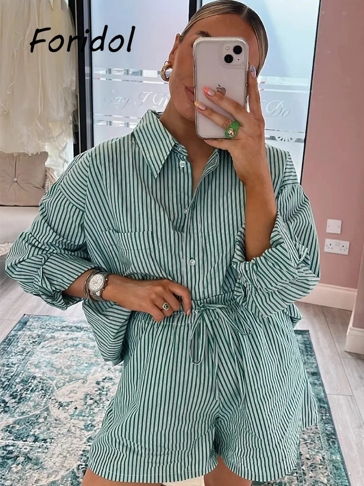 

Striped Casual Blouse Shorts Matching Sets Two Pieces Jumpsuits Loose Retro Blouse Shirt Women Suits Spring Autumn Outfit