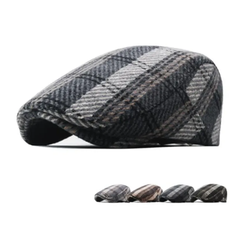 

Men's Autumn/Winter Thick Beret Warm Tweed Newsboy Hat Plaid Retro English Forward Hat, Herringbone Duck Tip Hat