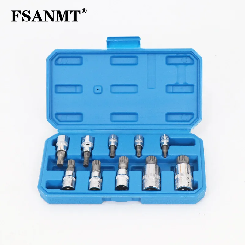 

10Pcs 12 Point Triple Square Splined Drive Bit Socket Set M4-M18 1/4" 3/8" 1/2" Star Sleeve Triple Square Spline Bit Socket Set