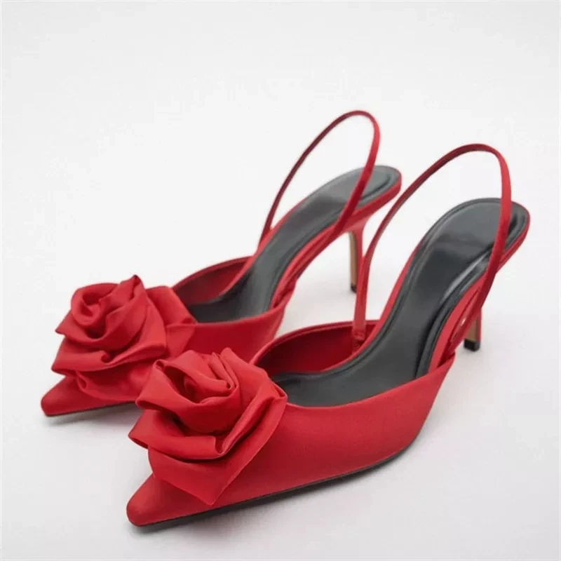 

ZA 2023 Women Flower Slingbacks Pumps Woman Pointed toe Weddings Bridal High Heels Red Sandals Ladies Elegant Party Heels Shoes