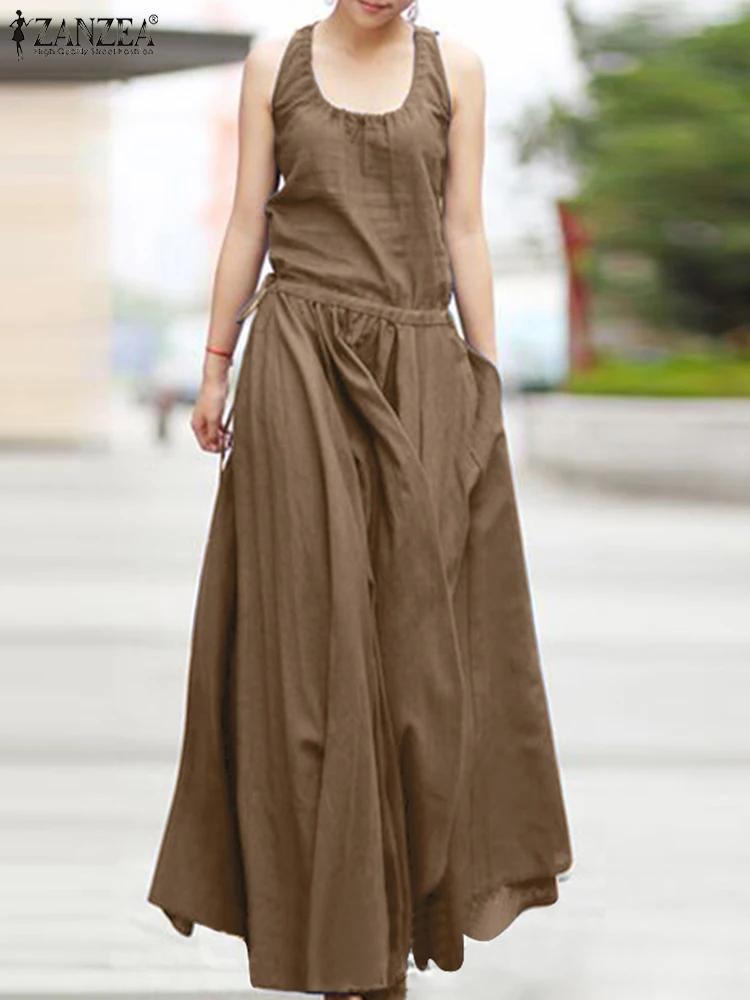 

ZANZEA Summer Party Holiday Dresses Women Sleeveless Long Dress Drawstring Waist Overall Sundress Robe Femme Vestido Oversize