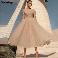sevintage a line champagne short sleeves prom dress 2022 appliques lace o neck midi women party dress beaded formal prom gowns
