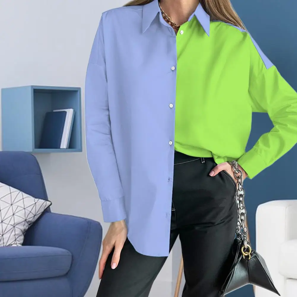 

Turn-Down Collar Long Sleeve Single Breasted Lady Shirt Spring Autumn Patchwork Color Casual Office Lady Shirt tops Clothing