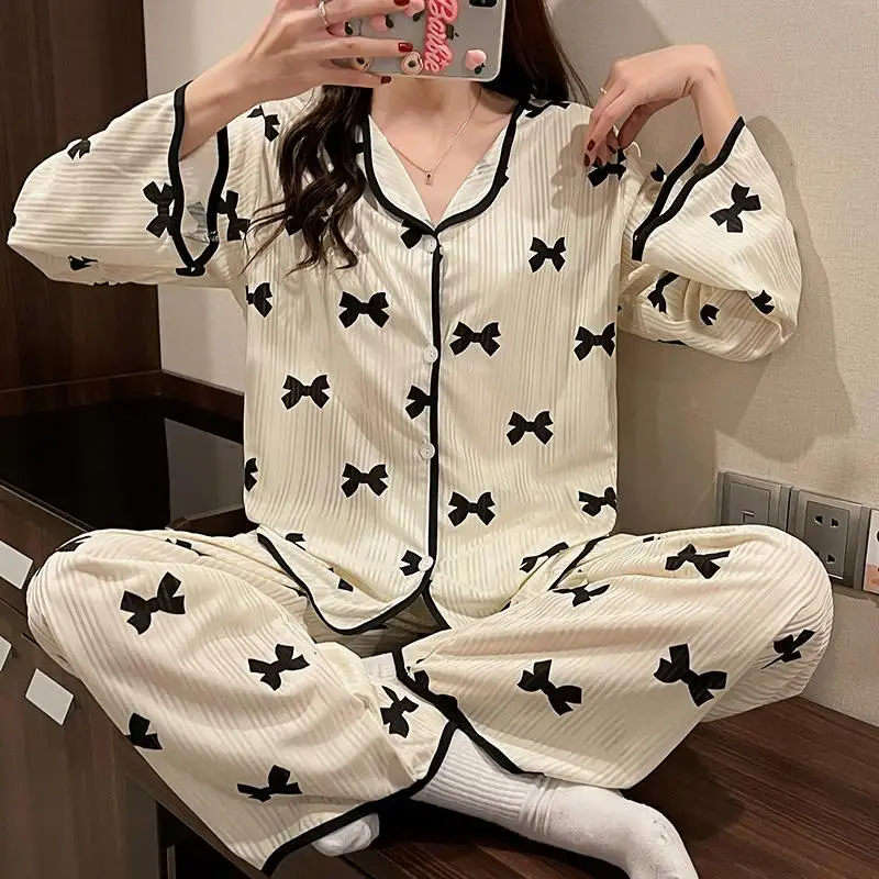 

SUO&CHAO 2023 New Pajamas Set For Womens Long Sleeve Cardigan And Pants Loose Casual Print Pyjamas 2PCS Sleepwear Homewear
