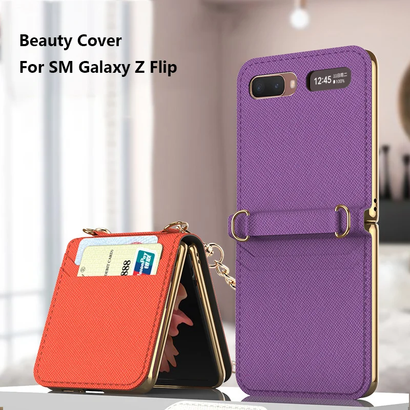 

Plain Leather Magnetic Suction Flip Card Bag Case For Samsung Galaxy Z Flip Phone Cover Metal Chain Accesories New Shockproof