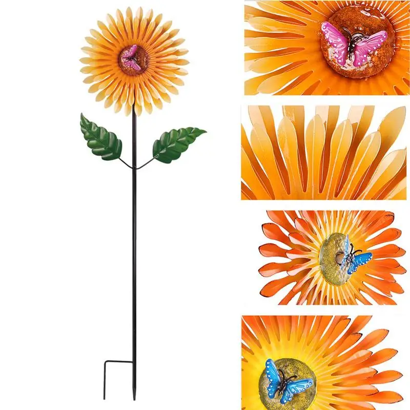 

Подсолнечник ветер Спиннер стоячий газон цветок Pinwheel с бабочкой открытый двор искусство столб металл ветер Спиннер для газона сада