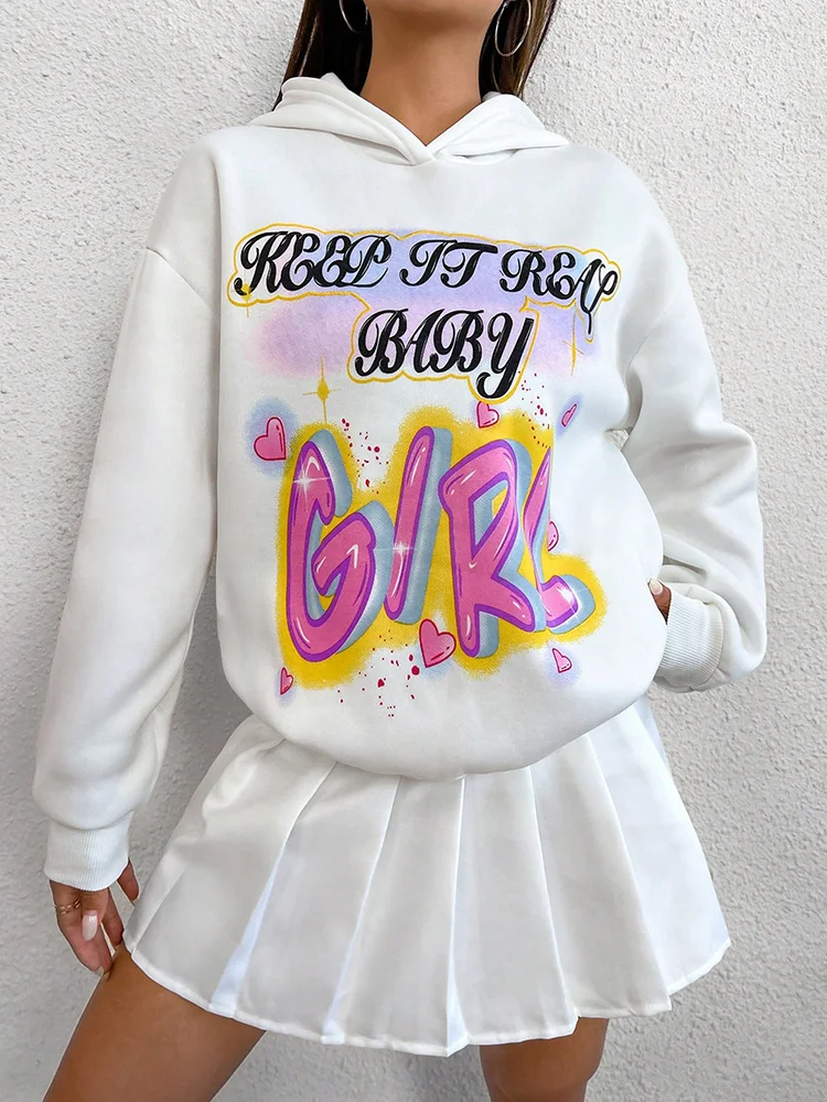 

Keep Going Real Baby Girl Letter Print Oversized Women Hoodie Long Sleeves Pocket Sweatshirts Trend Casual Cotton Top Clothes