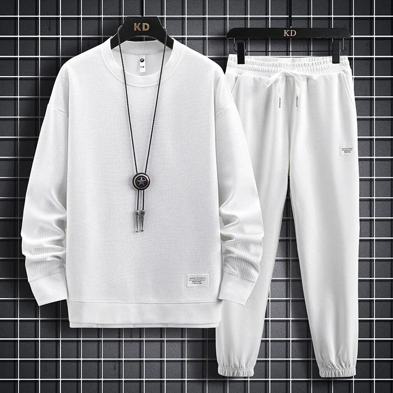 Spring Mens O-Neck Sweatshirts Multicolor 2 Pieces Set Sportswear Harajuku Casual Loose Solid Color Tracksuit Men Sets
