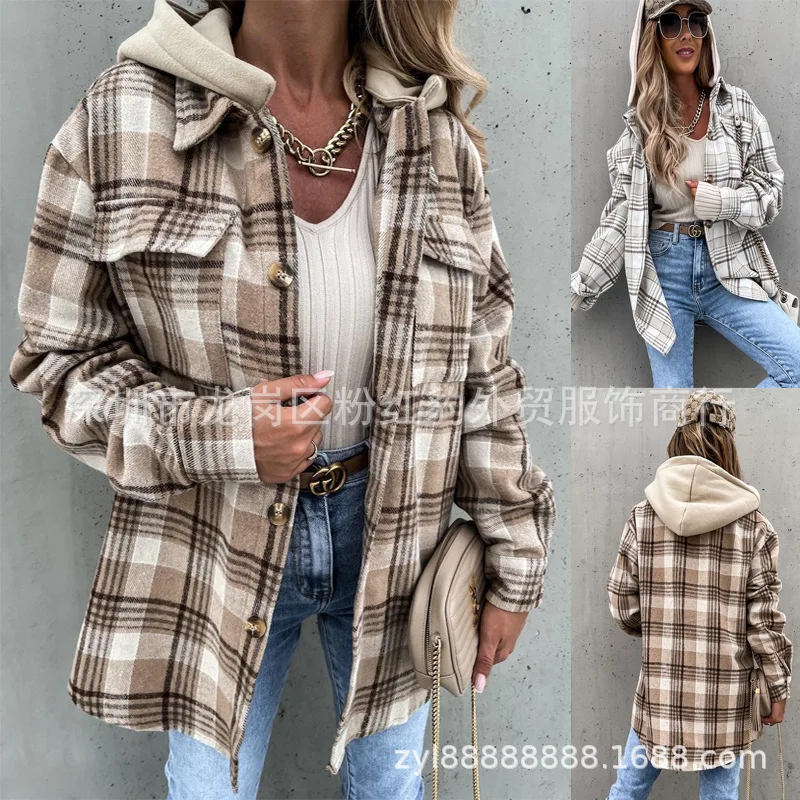 

Winter Women's Coat Fashion Hooded Woolen Plaid Coat Winter Women Coat Warm 2022