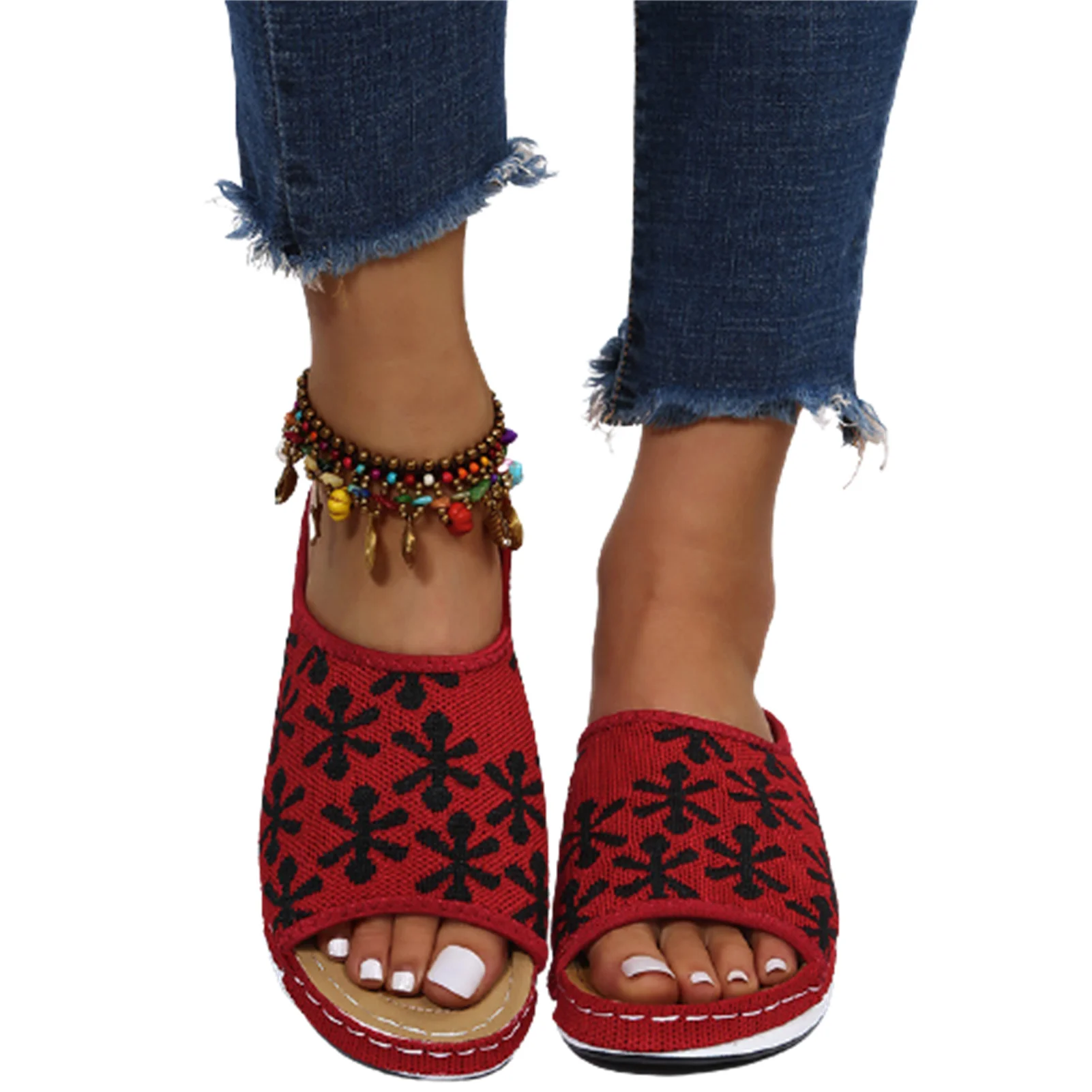 

Women Flat Sandal Fashion Mesh Fabric Slippers Women Comfort Low Heel Slides Slip On Casual Summer Slippers Slides sandalias
