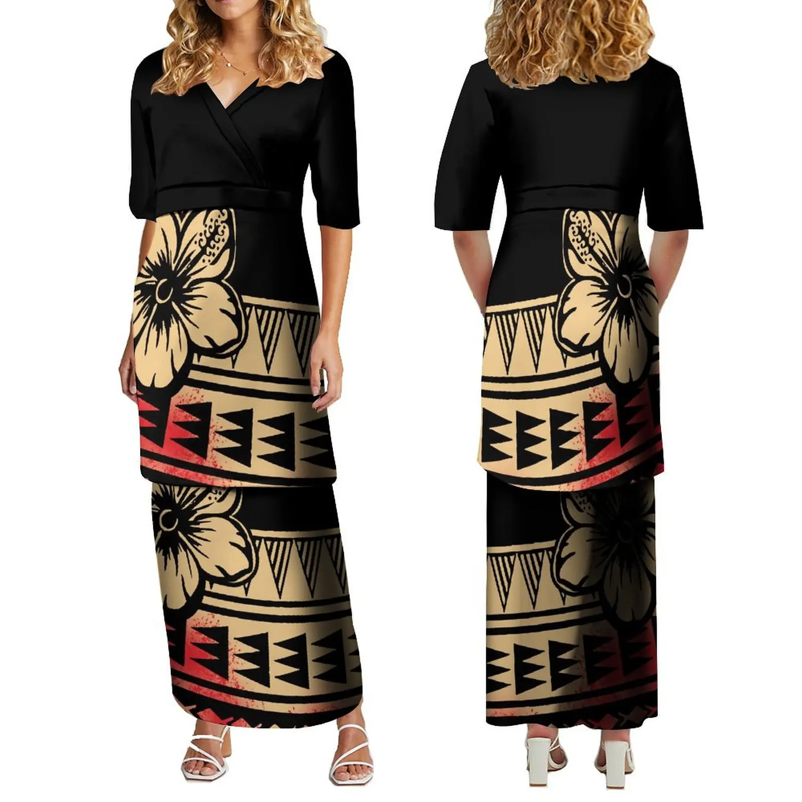 Женское длинное платье с V-образным вырезом в полинезийском стиле